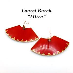 Laurel Burch "Mitra" Red Large Fan Earrings, Gold Plated, Red Enamel, Vintage